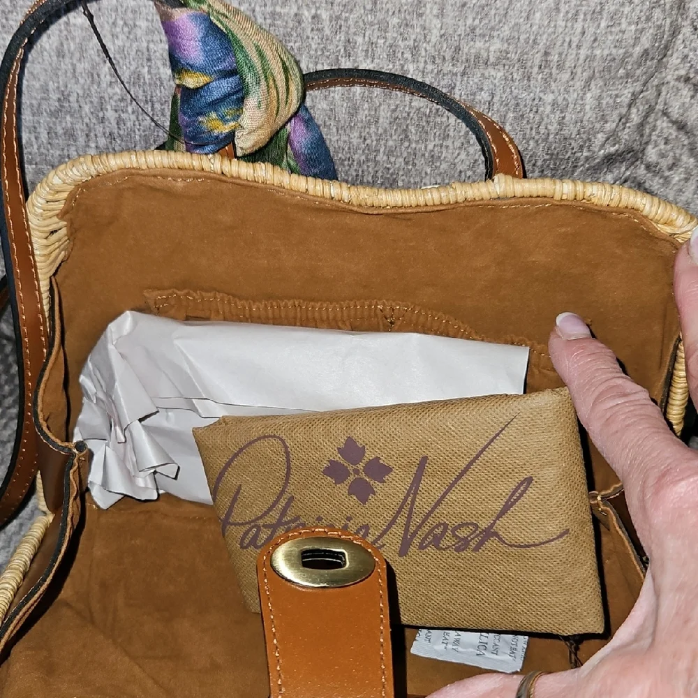 Patricia Nash Beige Wicker Woven Shoulder Bag with Floral Scarf